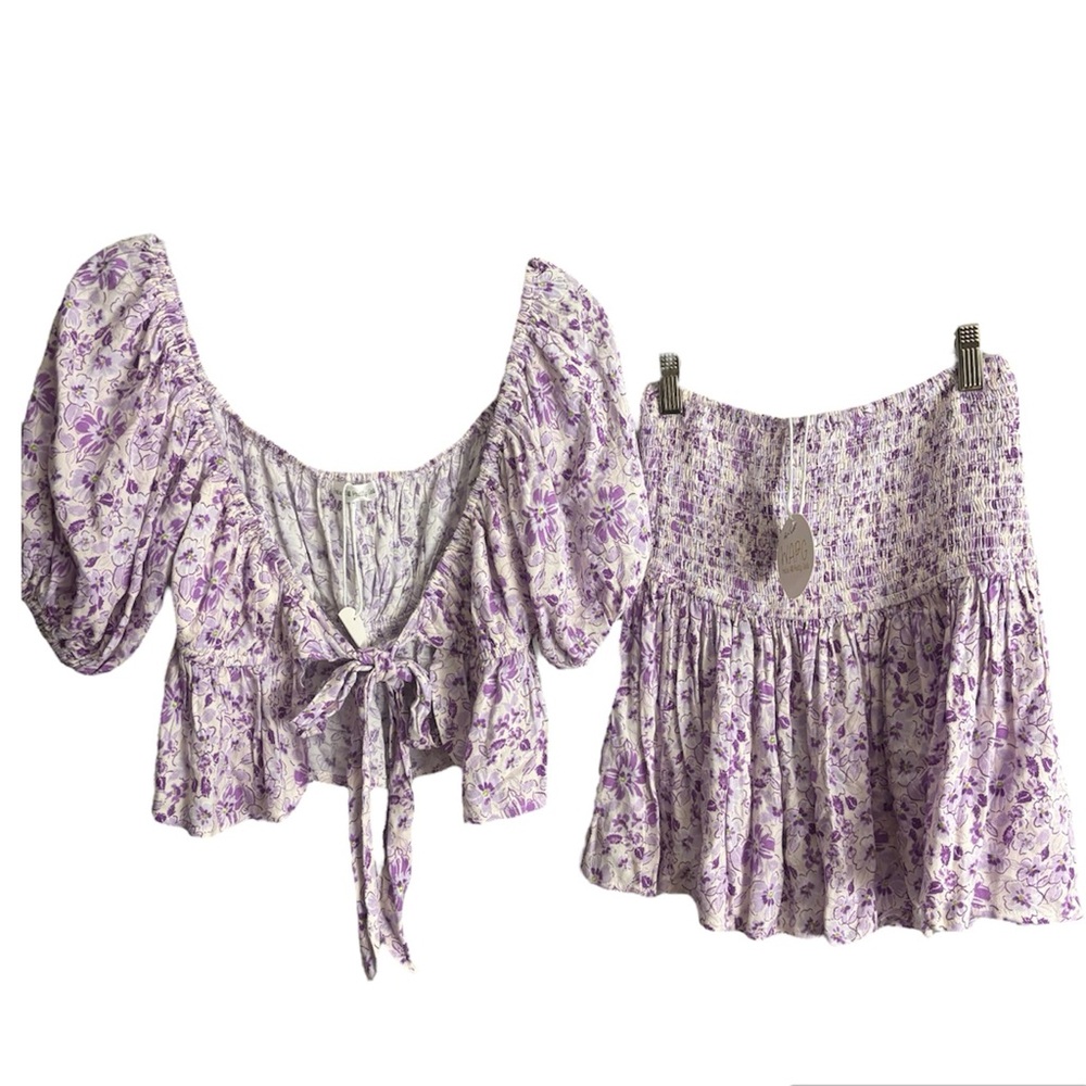 We’re all pretty girls floral skirt & top set boho puff sleeve smocked tie front